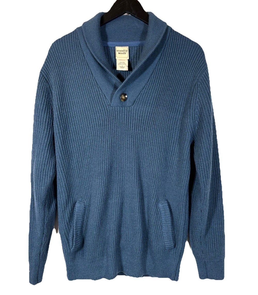 Blue Shawl Neck Sweater Men Medium Scandia Woods Preppy Pockets Button